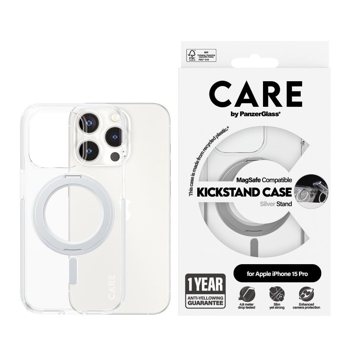 CARE by PanzerGlass® Feature Case Transparent m. Silber Kickstand & MagSafe iPhone 15 Pro
